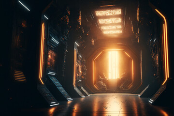 Science fiction space scene sci-fi_render spaceship with neon lights background created with a generative AI technology