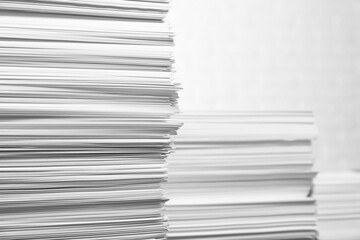 Stacks of paper sheets on white background, space for text