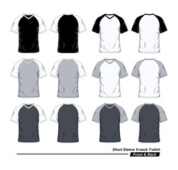 Short Sleeve V-Neck Raglan T-Shirt Template, Front and Back, Black, White and Gray