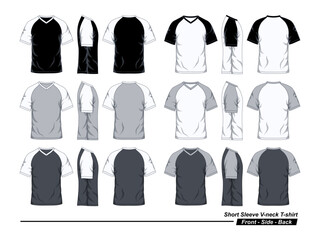 V-Neck Short Sleeve Raglan T-Shirt Template, Black White And Gray Colors, Front Side Back View