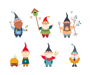 Fototapeta premium Cute Gnome Character with Beard in Pointy Hat Engaged in Different Activity Vector Set