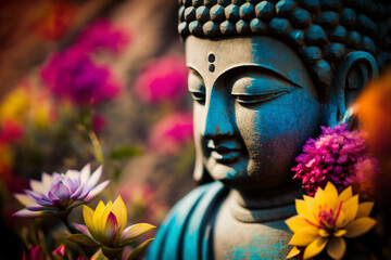 Buddha statue with Colorful Flower background. Mediation and zen concept. Illustration Graphic 
Design with Generative AI.