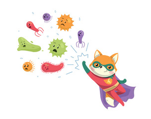 Superhero fight bacteria. Fox in superhero cape and mask takes care of health. Medical poster or banner for website. Prevention and health care. Cartoon flat vector illustration