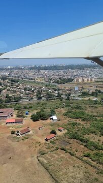 View from the window of a small private plane landing at Wilson Airport in Nairobi.