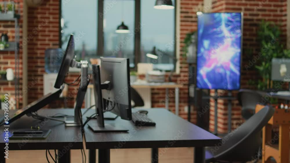 Poster empty development office with technology to create professional content, running cad software and ma