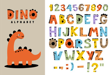 Dino collection with alphabet and numbers. Funny comic font in simple hand drawn cartoon style. Dinosaur characters. Colorful isolated doodles on a white background