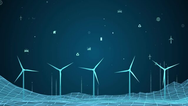 Wind turbine eco technology concept with green environment icon, renewable energy generate from alternative electric source, Innovative windmill sustainable development background 3D rendering