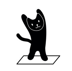 Black cat stretching. Charming character stands on its hind legs on rug, silhouette of kitten. Sprot, yoga and fitness. Poster or banner for website. Cartoon flat vector illustration