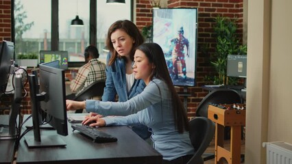 Team of colleagues brainstorming ideas to develop professional content, working to create 3d render interface on software. Creative agency workers planning new infographics project on pc.