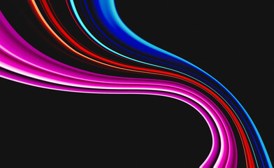 Colors wave on dark background, abstract 3d neon colors flow, black banner design, copy space