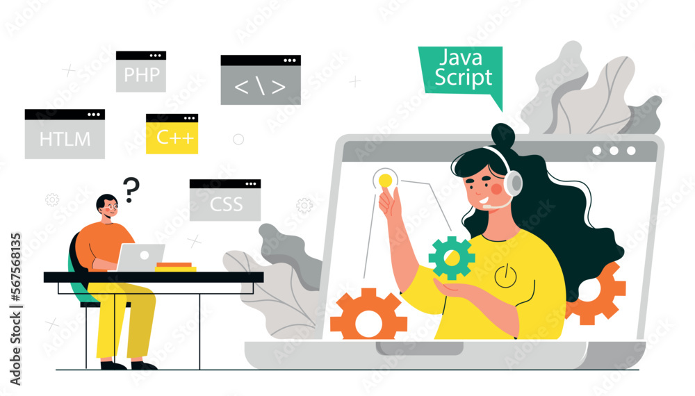 Poster man and woman coding. programmers and technicians develop programs, applications and websites. moder