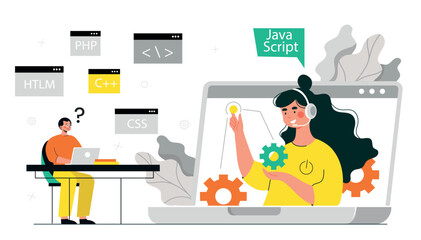Man and woman coding. Programmers and technicians develop programs, applications and websites. Modern technologies and digital world. Remote IT specialists at work. Cartoon flat vector illustration