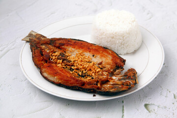 Freshly cooked Filipino food called fried bangus or milkfish and fried rice