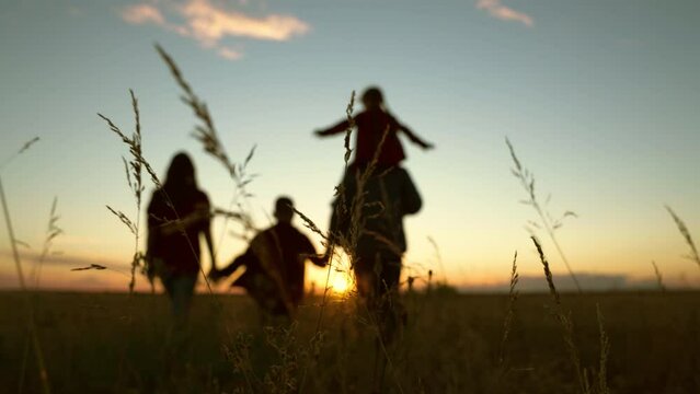 Dad mom, child daughter son go hand in hand outdoors. Parental care for children. Big family. Group of people, nature. Family with children walks in grass field. Silhouette family. Kid, boy, girl