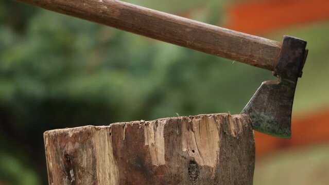 Axe On The Wood Used As Firewood In The Backyard. - close up