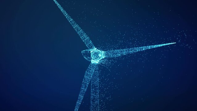 Wind turbine eco power technology concept with particle line art, renewable energy generate from green alternative electric source, Innovative windmill background 3D rendering