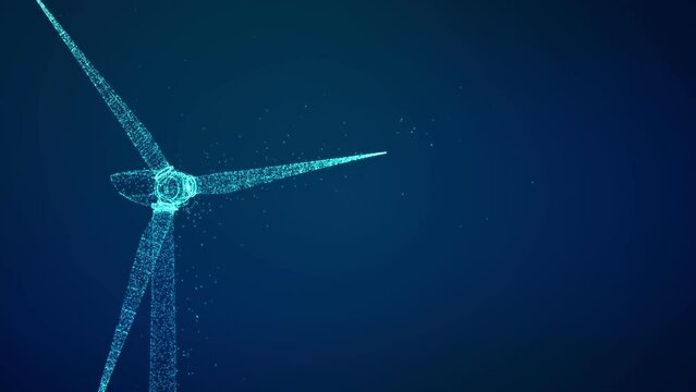 Wind turbine eco power technology concept with particle line art, renewable energy generate from green alternative electric source, Innovative windmill background 3D rendering