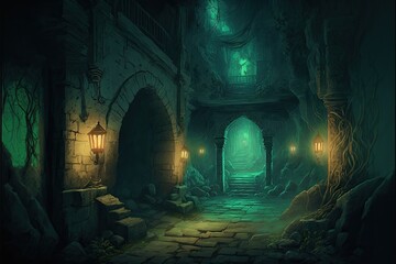 underground lair or dungeon, abandoned cellar ruins for fantasy adventure table top role playing game setting. creepy and foreboding entry way where monsters may live. Generative AI. 