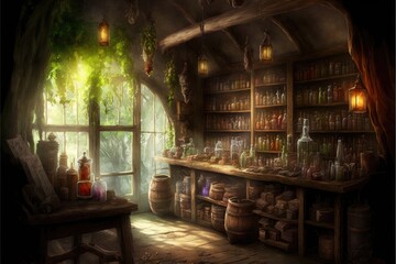 Alchemist's workshop, potion shop with bottles and jars full of mysterious magical elixers, role playing game asset. Generative AI