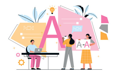 Concept of rebranding. Creative individuals design logotype for company or organization. Teamwork and partnerships, graphic designers and freelancers. Cartoon flat vector illustration