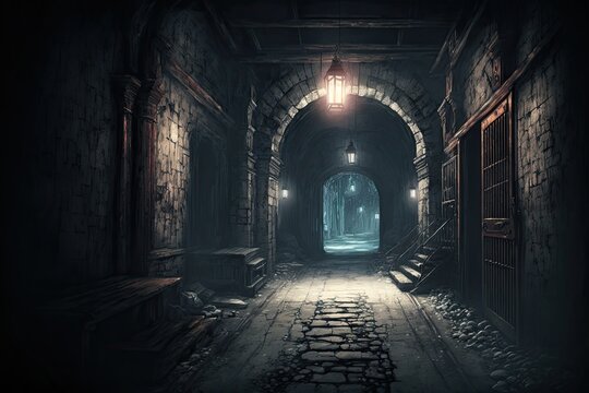 underground lair or dungeon, abandoned cellar ruins for fantasy adventure table top role playing game setting. creepy and foreboding entry way where monsters may live. Generative AI. 