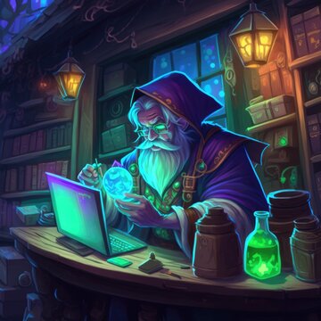 The modern alchemist: a wizard using a laptop computer on a desk full of cluttered alchemical potions and magical books, role playing game asset. Generative AI.