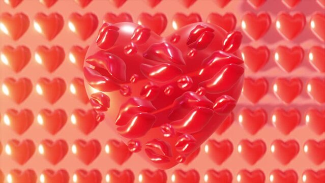Background Heart 3D, lips Red, Loop, color background with shadow 3D rendering