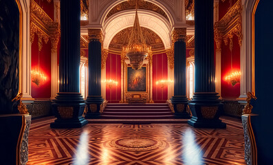 A realistic fantasy interior of the royal palace. golden red palace. castle interior. Fiction Backdrop. concept art. generative ai