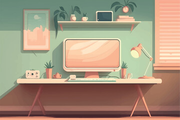 Computer desk background in office, soft colors, flat minimalist design