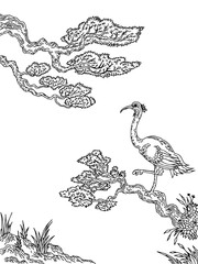 design asian stork outline line art