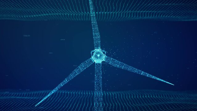 Wind turbine eco power technology concept with particle line art, renewable energy generate from green alternative electric source, Innovative windmill background 3D rendering