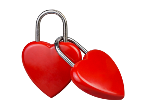 Abstract,  front view straight two red heart together combination lock, Symbol valentine, happy, unhappy. Metal padlock. Material for creative idea love concept. Isolated transparent. Blank for text.