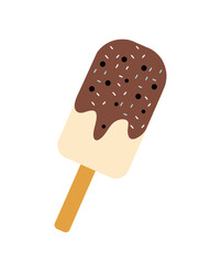 Chocolate ice cream. Sweetness, dessert and delicacy, gourmet. Sugar products and cold food. Poster or banner for website. Ice cream in glaze on stick. Cartoon flat vector illustration