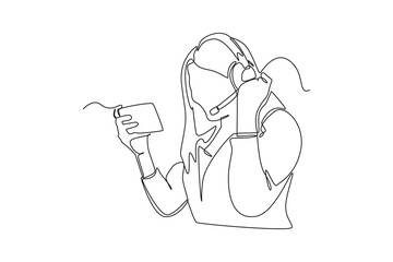 Continuous one line drawing happy female using headset playing online video game on his smartphone. E-sports game concept. Single line draw design vector graphic illustration.