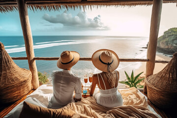 Couple in love chilling and enjoying beautiful views over the ocean, paradisiac tropical beach, with straw hats, sunday vacation morning ai generative - obrazy, fototapety, plakaty