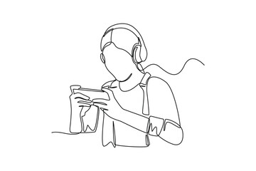 Continuous one line drawing happy female using headset playing online video game on his smartphone. E-sports game concept. Single line draw design vector graphic illustration.