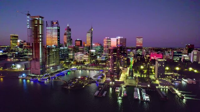 Smooth 4K footage of Elizabeth Quay in Perth, Western Australia at night