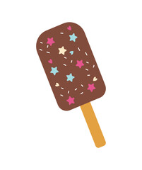Chocolate ice cream. Cold sweet on stick with colorful icing. Logotype for company or organization. Symbol of summer holidays in tropical and exotic countries. Cartoon flat vector illustration