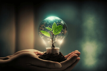 Eco-Friendly Ideas Come to Life: A Hand Holding a Lightbulb with a Plant Growing Inside, Sparking Hope for a Better Future and A Greener Planet - Ai Generative