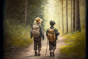 Kids walking in the Woods, the Best days of childhood, nature connection, happy todlers, ai generative 
