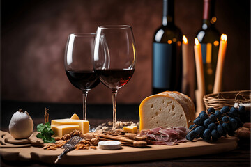 Rustic table with delicious table of cheeses, wines, bread, dry fruits, ai generative