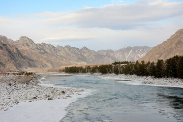 The winding bed of a melted river flows through a picturesque valley with a small coniferous forest surrounded by snow-capped mountains on a winter day.