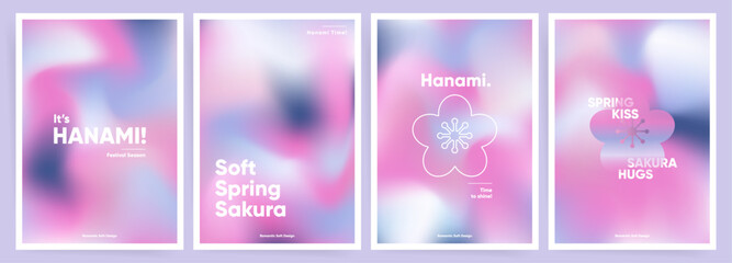 Set of Hanami Spring posters or postcards. Pink cute gradient Japanese Spring art design. Invitation, book or magazine cover, greeting card templates with futuristic gradients. Sakura wave layout set.