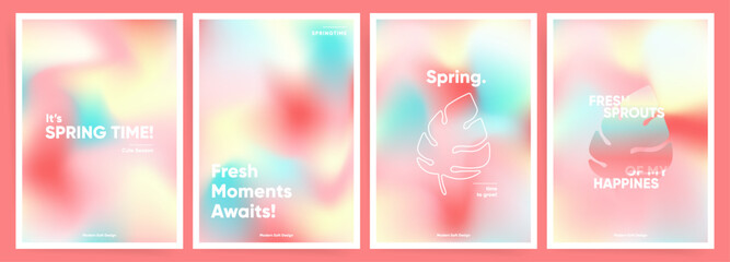 Set of spring posters or postcards. Mesh gradient neon rainbow art design. Invitation, book or magazine cover, greeting card templates with colorful spring gradients. Wave gradient layout set.