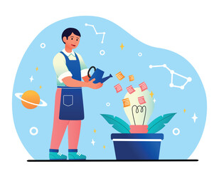 Birth of idea concept. Man watering light bulb, young man brainstorming. Innovation, business project or start up. Education and training, cognitive skill. Cartoon flat vector illustration