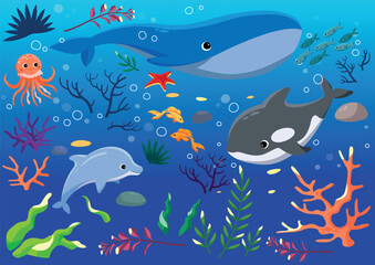 Underwater world concept. Poster or banner, background for website. Dolphin, whale, medusa, octopus and starfish. Biology and zology, marine life and fish. Cartoon flat vector illustration