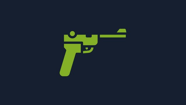 Yellow Mauser gun icon isolated on blue background. Mauser C96 is a semi-automatic pistol. 4K Video motion graphic animation