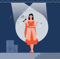 Singer on scene. Young girl in red dress performs with microphone, musician sings. Creativity and art. Poster or banner for website. Event and show, performance. Cartoon flat vector illustration