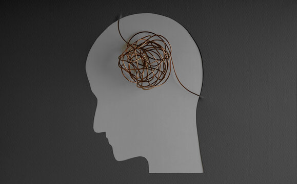 Mental Health Disorder Concept. Weak, Stressed Down Person. Negative Feeling. Depressed Emotional inside a Brain and Mind. Paper Cut as Human Head and Brain made by Messy Wire