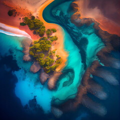 An incredible aerial shot of a tropical beach with amazing coloured water. There are beautiful sandy beaches and lagoons as well. This is a generative photo.